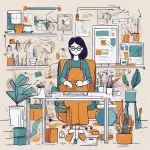 Créatrice en pleine conception dans son atelier créatif avec des outils et des plantes.