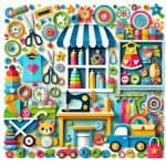 Illustration en style papercut d'un atelier de jouets sécurisés pour enfants, mettant en avant des jouets colorés, des vêtements pour bébés et un environnement créatif respectant les normes de sécurité.
