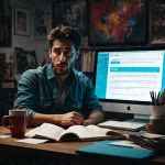 Un entrepreneur créatif stressé après avoir reçu un e-mail de PicRights demandant une indemnisation.