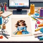 Table d’artisanat avec outils de couture, machine à broder, et motif inspiré de Disney, mettant en lumière la problématique des fichiers de broderie Disney illégaux sur Etsy.