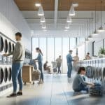 Scène moderne dans une laverie avec hommes et femmes utilisant des machines, symbolisant l’entretien textile contemporain.