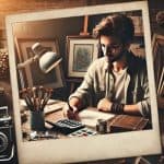 Polaroid vintage d’un créateur calculant ses tarifs pour une prestation de service dans un cadre artistique.