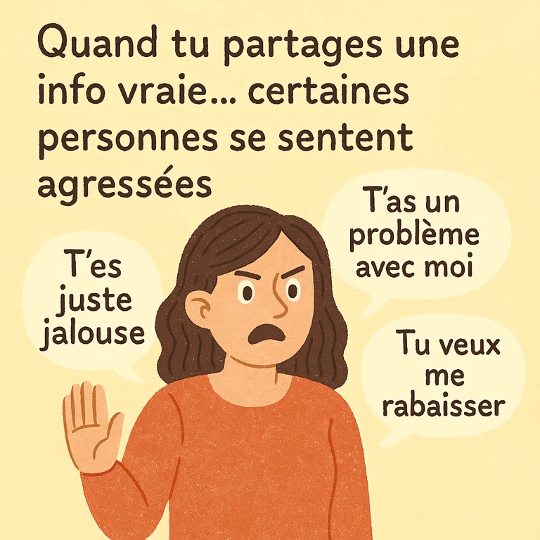 Illustration d’une femme fâchée avec des bulles accusatrices, représentant la réaction de certaines personnes face à une vérité dérangeante