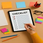 Main cochant une checklist numérique entourée de post-it colorés, symbolisant les erreurs à éviter dans une entreprise créative