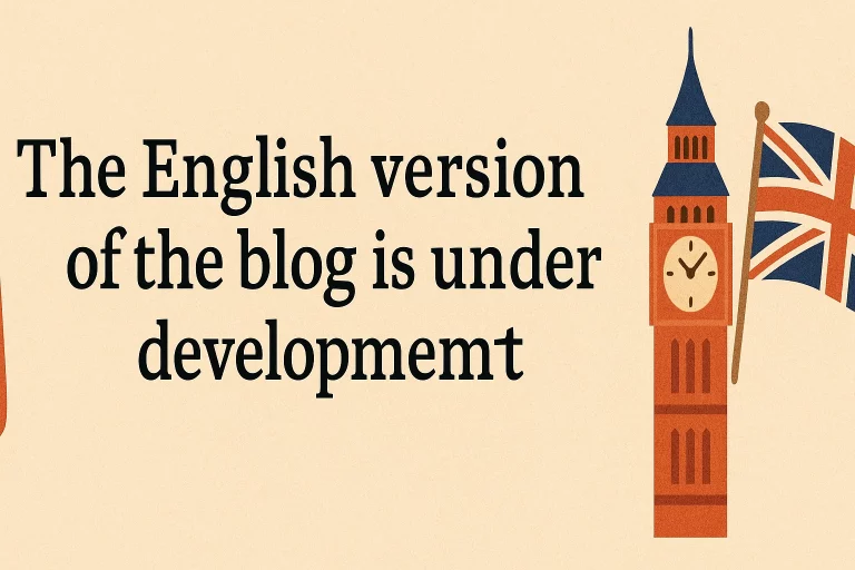 Banner saying "The English version of the blog is under development", with UK flag, Big Ben, and red double-decker bus illustration.