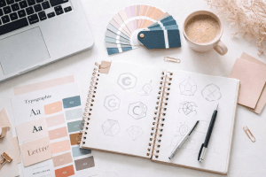 Travail de branding avec palette de couleurs, typographies et croquis de logo pour entreprise créative